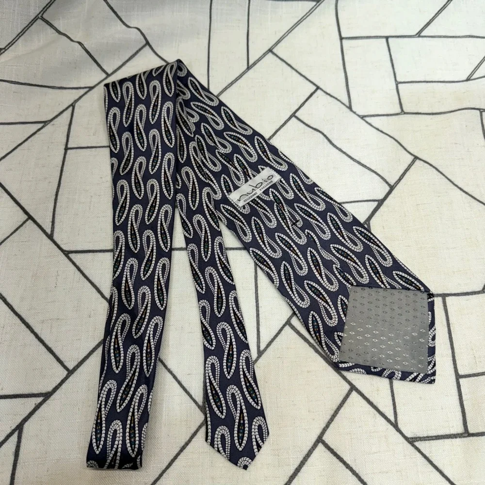Rubio Silk‎ Necktie Boho Navy Blue Abstract Paisley Collezione Esclusivo